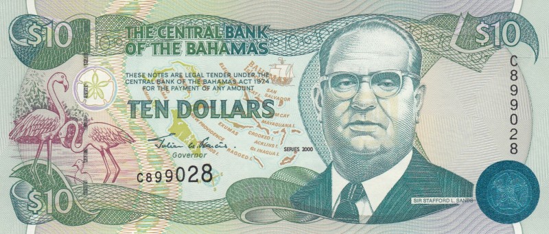 Bahamas, 10 Dollars, 2000, UNC, p64 
Serial Number: C899028
Estimate: 60-120 U...