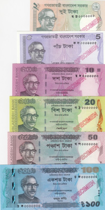 Bangladesh, 2-5-10-20-50-100 Taka, UNC, SPECIMEN (Total 6 banknotes)
2 Taka, 20...