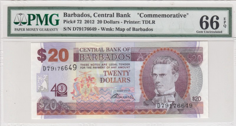 Barbados, 20 Dollars, 2012, UNC, p72 
PMG 66 EPQ, Commemorative Banknote
Seria...