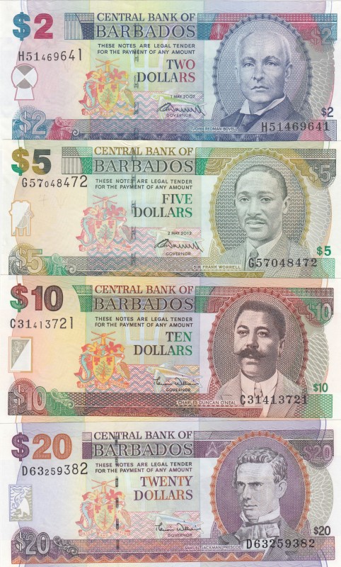 Barbados, 2-5-10-20 Dollars, UNC, (Total 4 banknotes)
2 Dollars, 2007, p66b; 5 ...