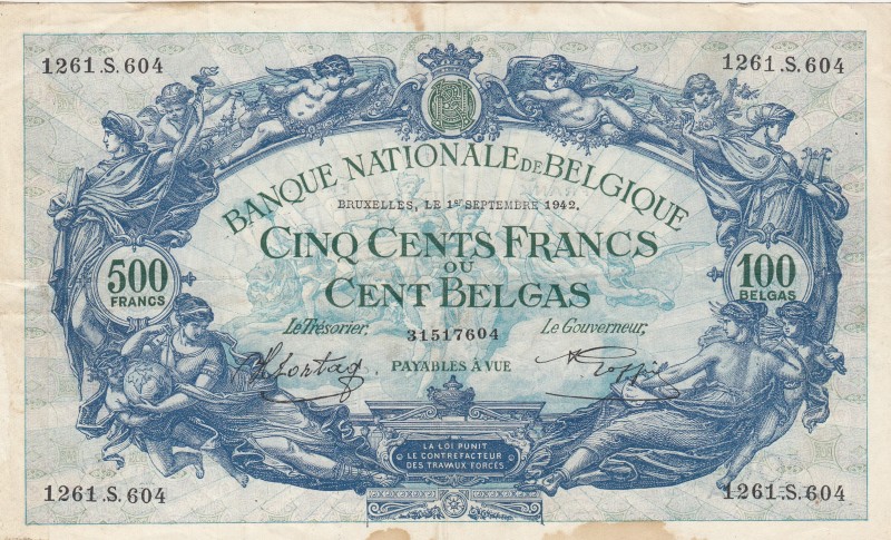 Belgium, 500 Francs-100 Belgas, 1942, VF, p109 
There are stain.
Serial Number...