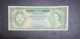 Belize, 1 Dollar, 1976, UNC, P33c 
Portrait of Queen Elizabeth II
Serial Number: A/4 643446
Estimate: 75-150 USD