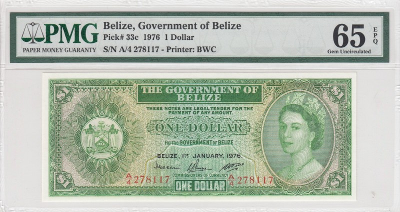 Belize, 1 Dollar, 1976, UNC, p33c 
PMG 65 EPQ
Serial Number: A/4 278117
Estim...