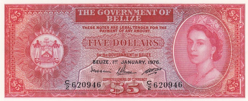 Belize, 5 Dollars, 1976, UNC, p35b 
Serial Number: C/2 620946
Estimate: 300-60...