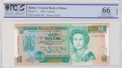 Belize, 1 Dollar, 1990, UNC, p51 
PCGS 66 OPQ
Serial Number: AA401485
Estimate: 50-100 USD