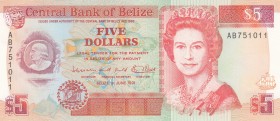 Belize, 5 Dollars, 1991, AUNC, p53b 
Serial Number: AB751011
Estimate: 20-40 USD