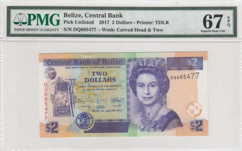Belize, 2 Dollars, 2017, UNC, p66f 
PMG 67 EPQ
Serial Number: DQ685477
Estima...