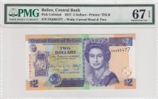 Belize, 2 Dollars, 2017, UNC, p66f 
PMG 67 EPQ
Serial Number: DQ685477
Estimate: 25-50 USD