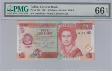 Belize, 5 Dollars, 2011, UNC, p67e 
PMG 66 EPQ
Serial Number: DS100190
Estimate: 30-60 USD