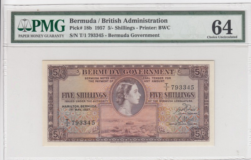 Bermuda, 5 Shillings, 1957, UNC, p18b 
PMG 64
Serial Number: T/I 793345
Estim...