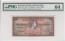 Bermuda, 5 Shillings, 1957, UNC, p18b 
PMG 64
Serial Number: T/I 793345
Estimate: 150-300 USD