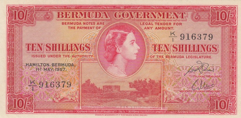 Bermuda, 10 Shillings, 1957, AUNC, p19b 
Serial Number: K/I 916379
Estimate: 1...