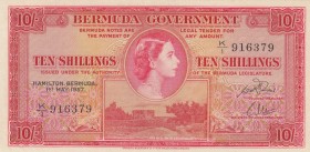 Bermuda, 10 Shillings, 1957, AUNC, p19b 
Serial Number: K/I 916379
Estimate: 100-200 USD