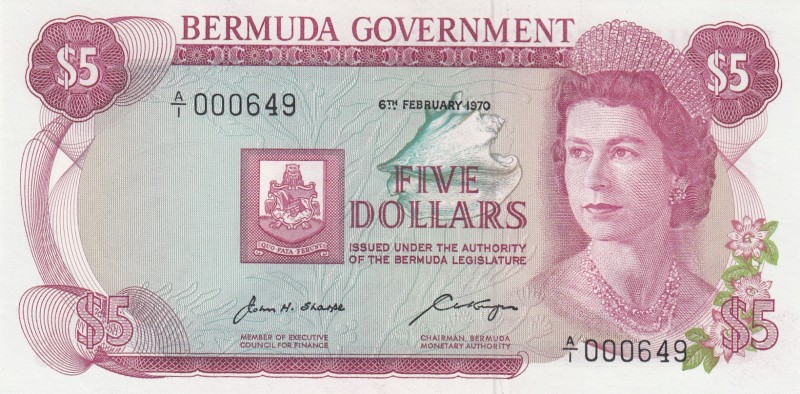 Bermuda, 5 Dollars, 1970, UNC, p24a 
Serial Number: A/I 000649
Estimate: 75-15...