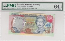 Bermuda, 50 Dollars, 2000, UNC, p54a 
PMG 64 EPQ
Serial Number: D/1 000722
Estimate: 100-200 USD