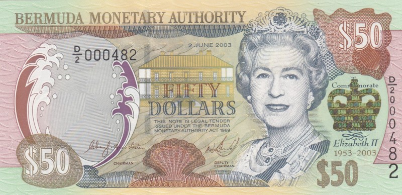 Bermuda, 50 Dollars, 2003, UNC, p56 
Serial Number: D/2 000482
Estimate: 100-2...