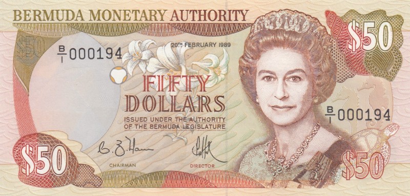 Bermuda, 50 Dollars, 1989, UNC, p58 
Serial Number: B/1 000194
Estimate: 150-3...