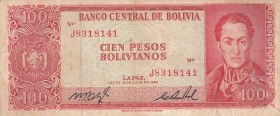Bolivia, 100 Bolivianos, 1962, VF, p163a 
Serial Number: J8318141
Estimate: 5-10 USD