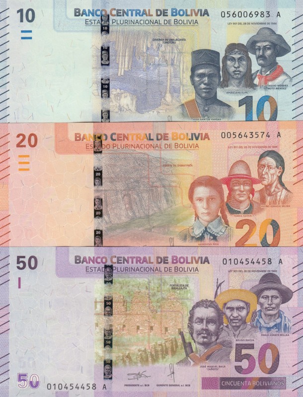 Bolivia, 10-20-50 Bolivianos, 2018, UNC, pNew, (Total 3 banknotes)
Serial Numbe...