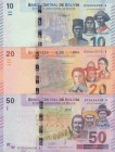 Bolivia, 10-20-50 Bolivianos, 2018, UNC, pNew, (Total 3 banknotes)
Serial Number: 010454458 A, 005643574 A, 056006983 A
Estimate: 30-60 USD