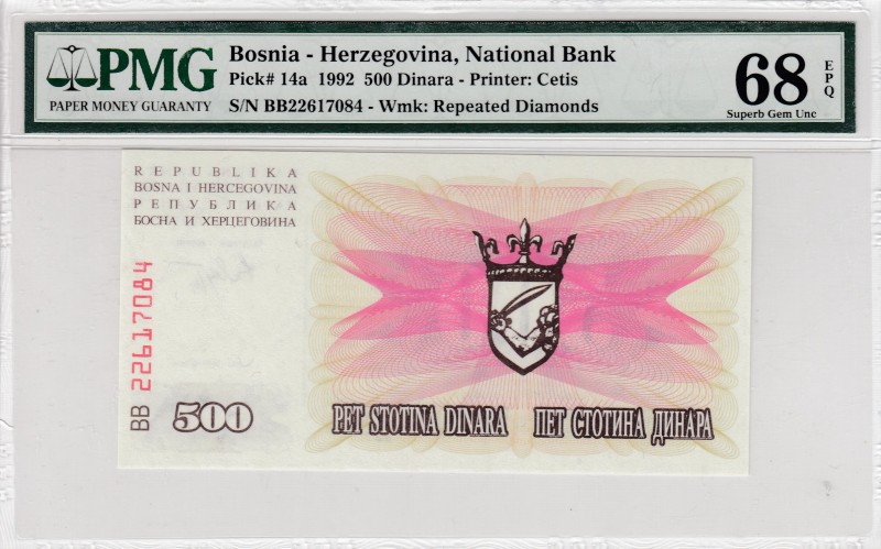 Bosnia - Herzegovina, 500 Dinara, 1992, UNC, p14a 
PMG 68 EPQ
Serial Number: B...
