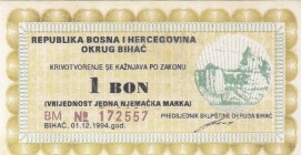 Bosnia - Herzegovina, 1 Bon, 1994, AUNC, 
BIHAC
Serial Number: BM 172557
Estimate: 40-80 USD