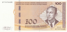 Bosnia - Herzegovina, 100 Convertible Maraka, 2017, UNC, p86b 
Serial Number: G11414468
Estimate: 100-200 USD