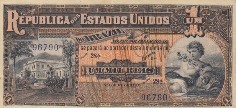 Brazil, 1 Mil Reis, 1917, VF (+), p5a 
Serial Number: 28A 96790
Estimate: 150-...