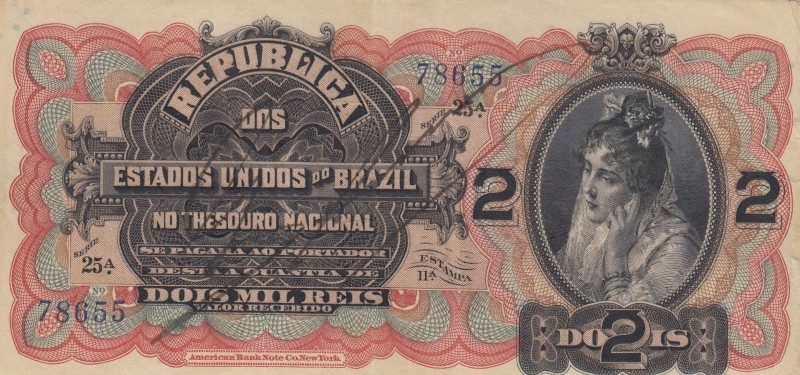 Brazil, 2 Mil Reis, 1918, VF (+), p13a 
Serial Number: 25A 78655
Estimate: 250...