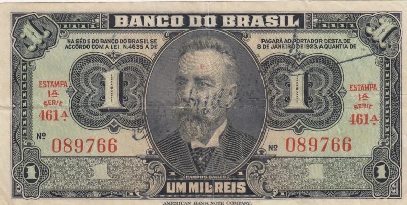 Brazil, 1 Mil Reis, 1944, VF, p131a 
Serial Number: 461A.089766
Estimate: 25-5...