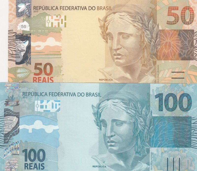Brazil, 50-100 Reais, 2010, UNC, (Total 2 banknotes)
50 Reais, p256; 100 Reais,...