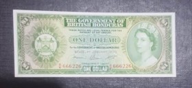 British Honduras, 1 Dollar, 1973, UNC, p28c 
Portrait of Queen Elizabeth II
Serial Number: G/6 666226
Estimate: 250-500 USD
