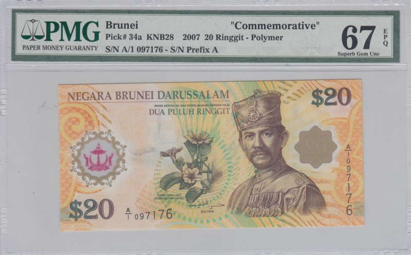 Brunei, 20 Ringgit, 2007, UNC, p34a 
PMG 67 EPQ
Serial Number: A/1 097176
Est...