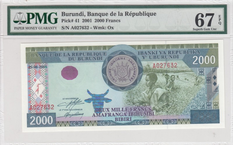 Burundi, 2.000 Francs, 2001, UNC, p41 
PMG 67 EPQ
Serial Number: A027632
Esti...