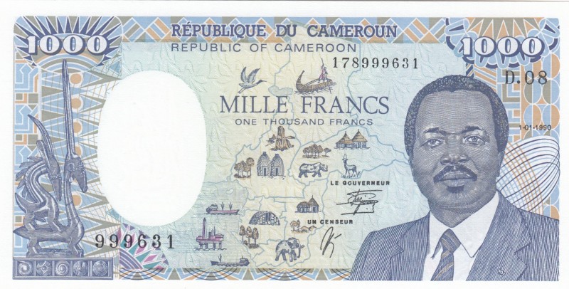 Cameroun, 1.000 Francs, 1990, UNC, p26b 
Serial Number: 999631
Estimate: 75-15...