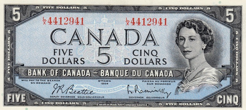 Canada, 5 Dollars, 1961-1971, UNC, p77b 
Queen Elizabeth II potrait. 
Serial N...