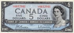 Canada, 5 Dollars, 1961-1971, UNC, p77b 
Queen Elizabeth II potrait. 
Serial Number: L/X4412941
Estimate: 50-100 USD