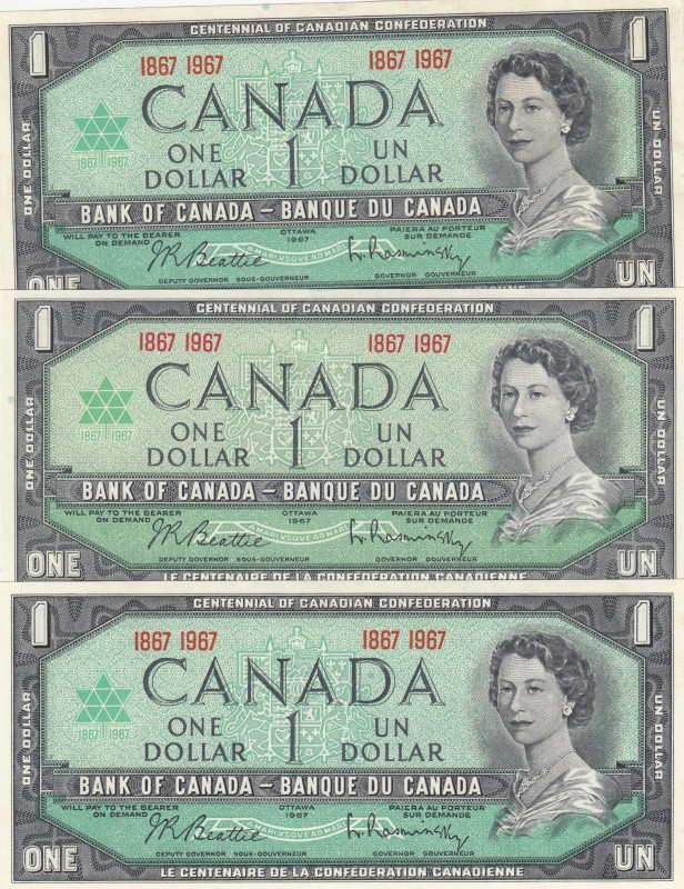 Canada, 1 Dollar , 1967, UNC, p84a, (Total 3 banknotes)
Serial Number: 1867 196...