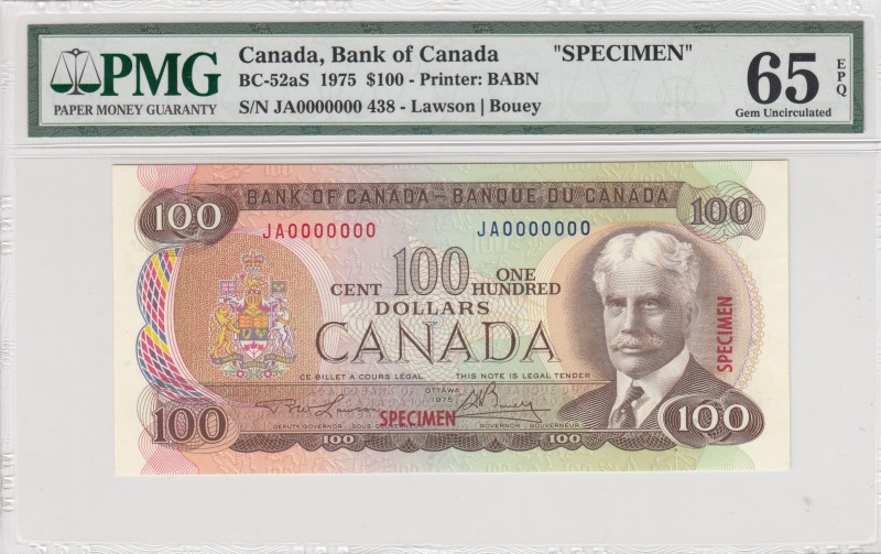 Canada, 100 Dollars, 1975, UNC, p91as, SPECIMEN
PMG 65 EPQ
Serial Number: JA00...
