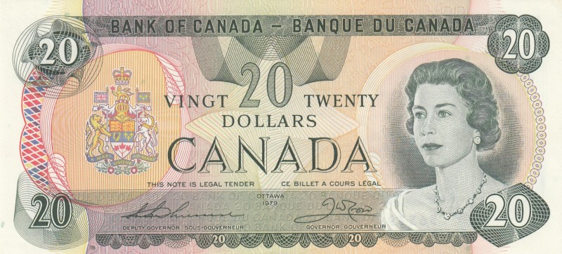 Canada, 20 Dollars, 1979, UNC, p93c 
Queen Elizabeth II potrait. 
Serial Numbe...