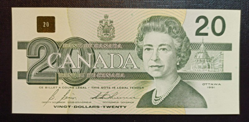 Canada, 20 Dollars, 1991, UNC, p97b 
Queen Elizabeth II potrait. 
Serial Numbe...