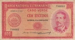 Cape Verde, 100 Escudos, 1958, VF, p49a 
Serial Number: 790092
Estimate: 50-100 USD