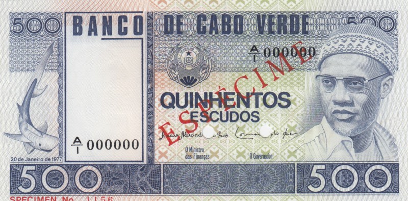 Cape Verde, 500 Escudos, 1977, UNC, p55s1, SPECIMEN
Serial Number: A/I 000000
...