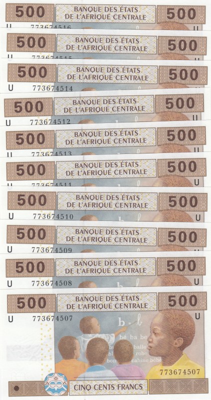 Central African States, 500 Francs, 2002, UNC, p206U, (Total 10 consecutive bank...