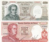 Chile, 5.000-10.000 Escudos, 1967/1976, UNC, (Total 2 banknotes)
5.000 Escudos, p147; 10.000 Escudos, p148
Serial Number: B22 0184335, A15 1419869
...