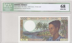 Comoros, 1.000 Francs, 1986, UNC, p11b, High Condition
ICG 68 
Serial Number: E.06 012949720
Estimate: 70-140 USD