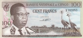 Congo Democratic Republic, 100 Francs, 1962, UNC, p6a 
Serial Number: X993853
Estimate: 60-120 USD