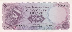 Congo Democratic Republic, 500 Francs, 1961, XF (+), p7 
Serial Number: A/4 000652
Estimate: 100-200 USD