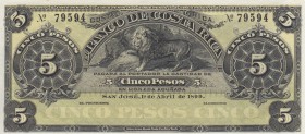 Costa Rica, 5 Pesos, 1899, UNC, pS163 
Serial Number: 79594
Estimate: 40-80 USD