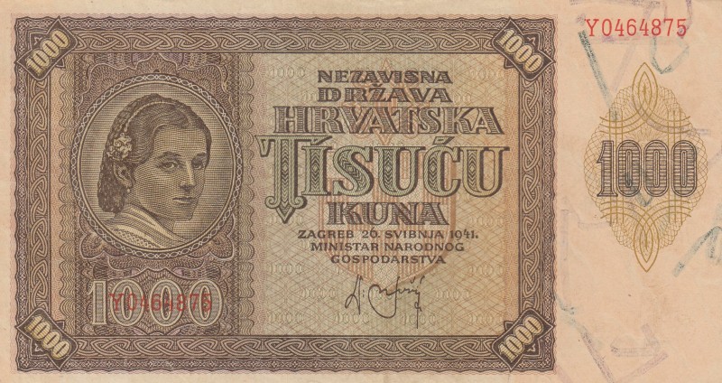 Croatia, 1.000 Kuna, 1941, AUNC (-), p4 
Serial Number: Y0464875
Estimate: 20-...